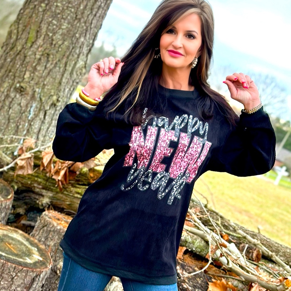 Happy New Year Black Corded Pullover